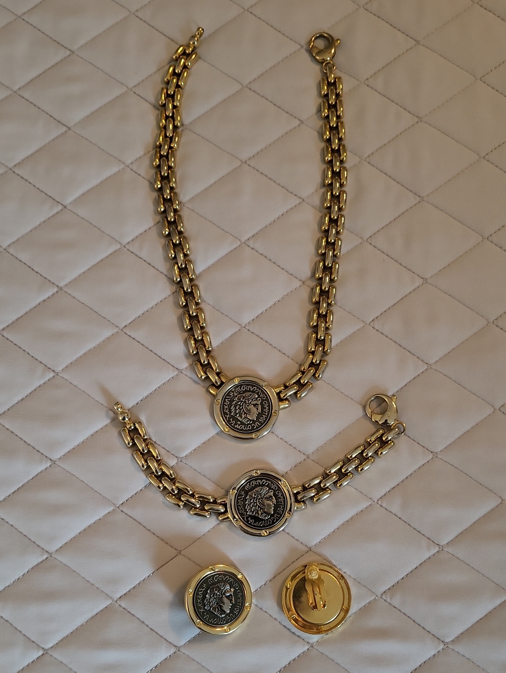 Gold-Tone Coin Medallion Necklace, Bracelet And Clip-on Earring Set